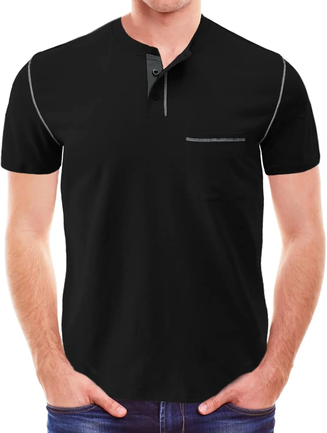 Mens Henley Shirts Short Sleeve Summer Tops, Men's Casual Classic Tees Cotton T Shirt with Front Pocket for Men