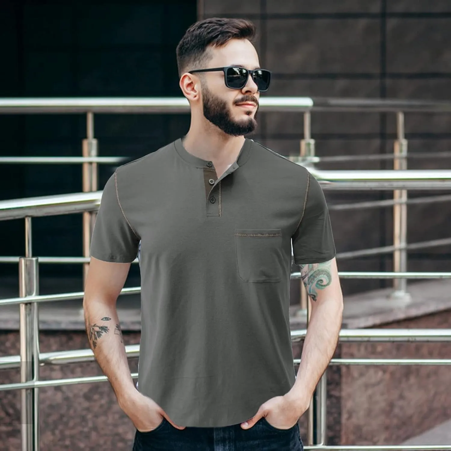 Mens Henley Shirts Short Sleeve Summer Tops, Men's Casual Classic Tees Cotton T Shirt with Front Pocket for Men
