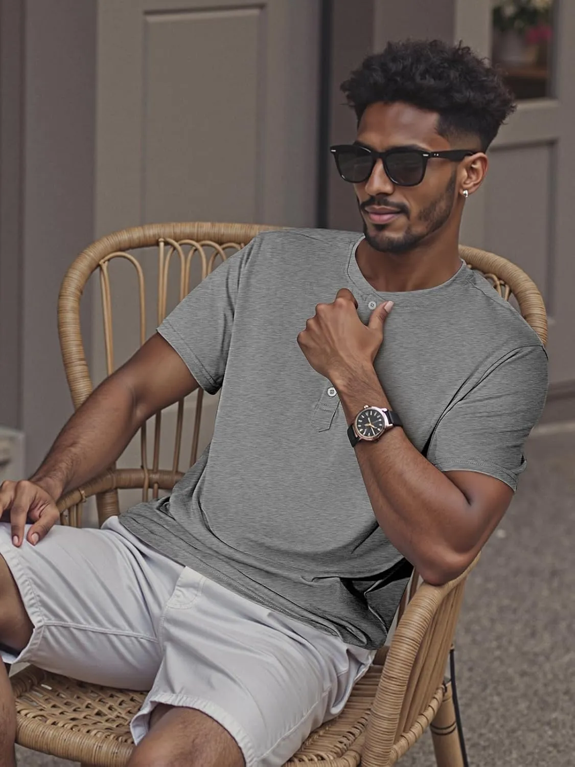 Men's Henley Short Sleeve Shirts Casual T-Shirts Button Top Summer Soild Basic Tee