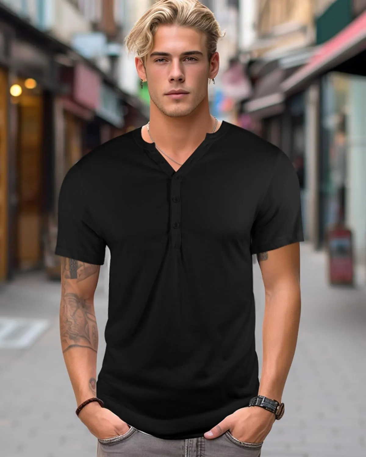 Mens Henley T-Shirts Slim Fit Shirts Casual Front Placket Short Sleeve T-Shirts Fashion