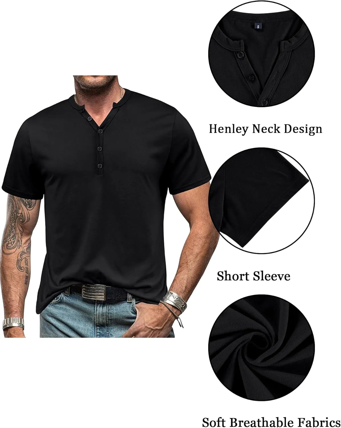 Mens Henley T-Shirts Slim Fit Shirts Casual Front Placket Short Sleeve T-Shirts Fashion
