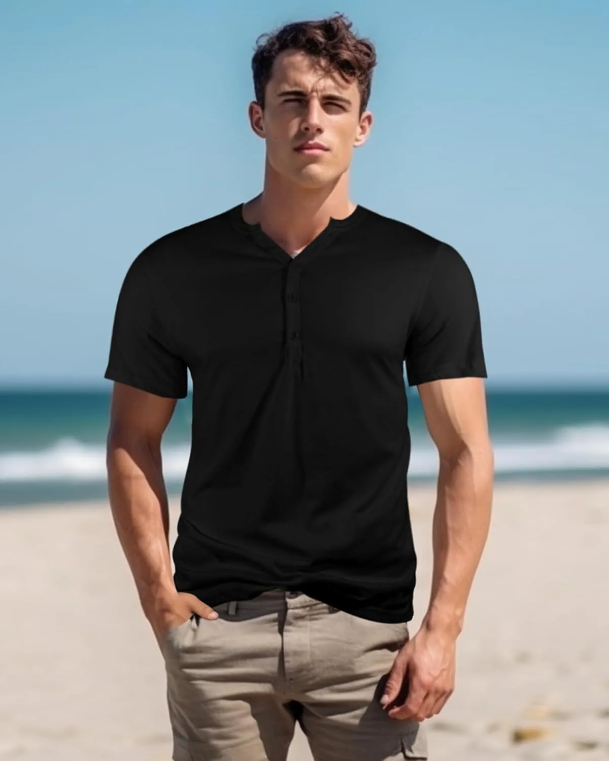 Mens Henley T-Shirts Slim Fit Shirts Casual Front Placket Short Sleeve T-Shirts Fashion
