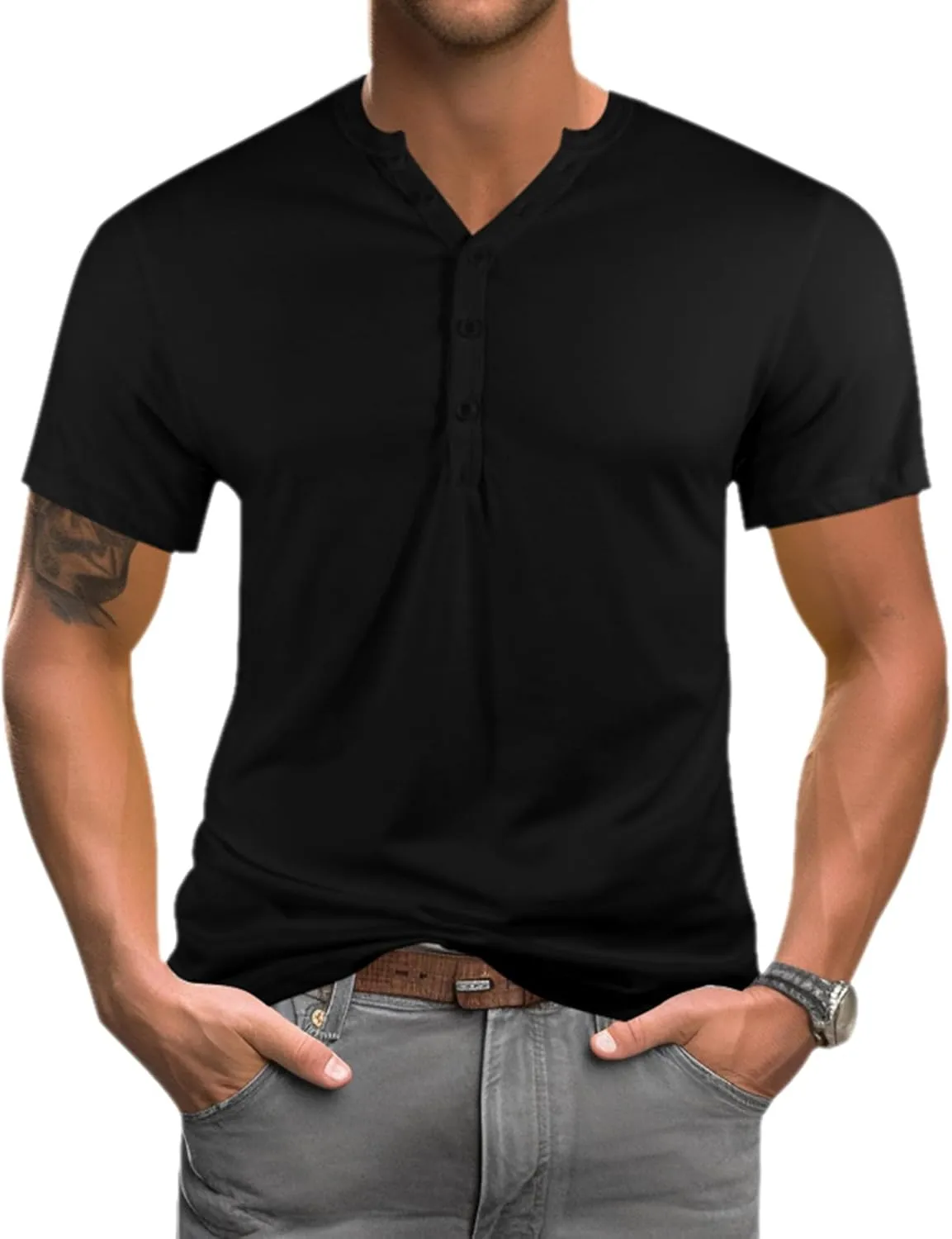 Mens Henley T-Shirts Slim Fit Shirts Casual Front Placket Short Sleeve T-Shirts Fashion
