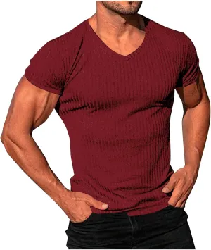 Mens Knit T Shirts Slim Fit Casual V Neck Short Sleeve Men Fashion Ribbed Knit Vintage Sweater Tee Pullover Shirts