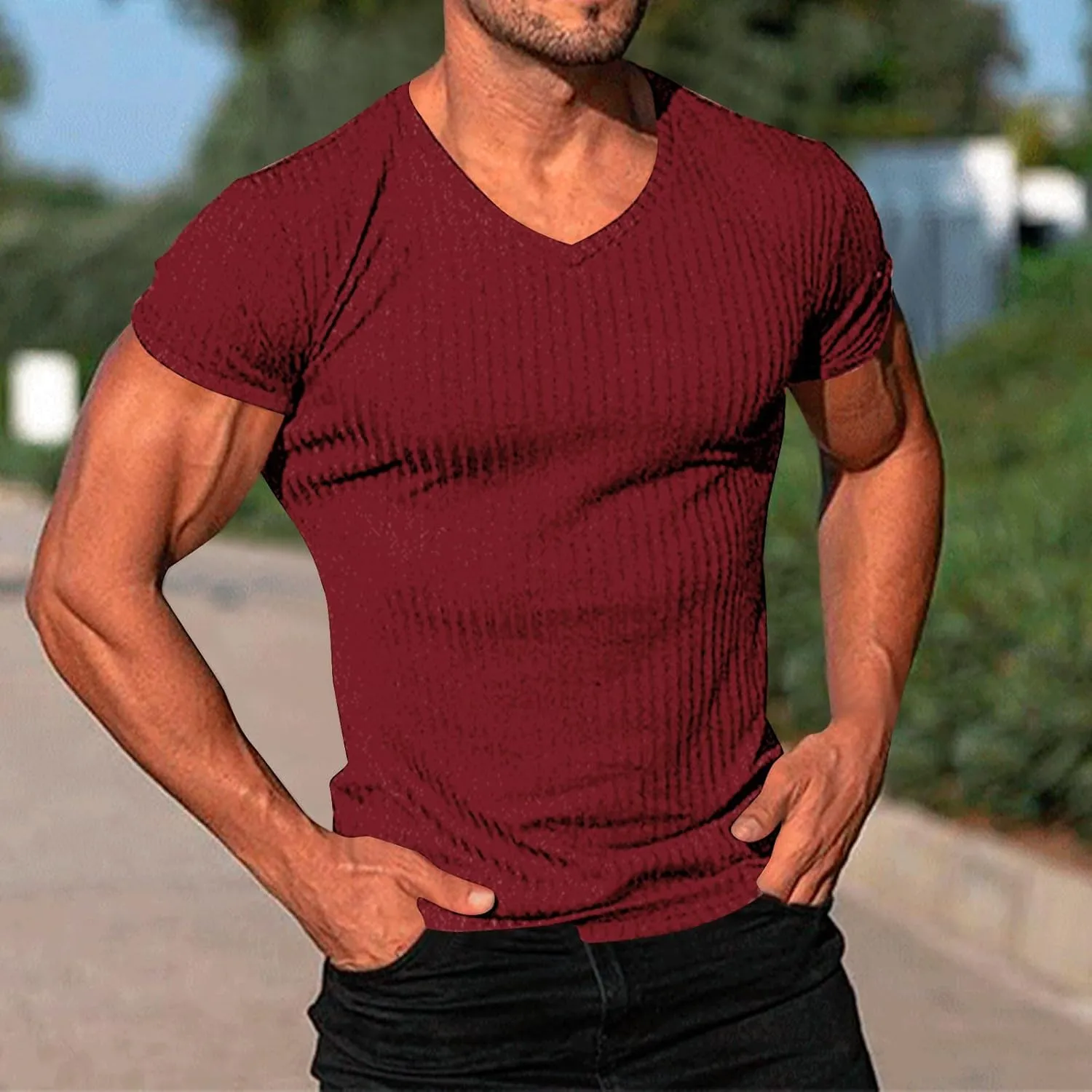 Mens Knit T Shirts Slim Fit Casual V Neck Short Sleeve Men Fashion Ribbed Knit Vintage Sweater Tee Pullover Shirts