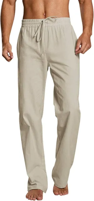 Mens Linen Pants Lightweight Casual Relaxed Fit Wide Leg Trousers Breathable Drawstring Waist Pants Baggy Joggers