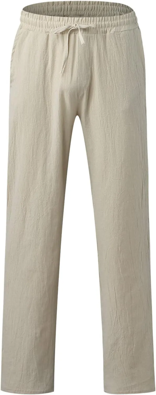 Mens Linen Pants Lightweight Casual Relaxed Fit Wide Leg Trousers Breathable Drawstring Waist Pants Baggy Joggers