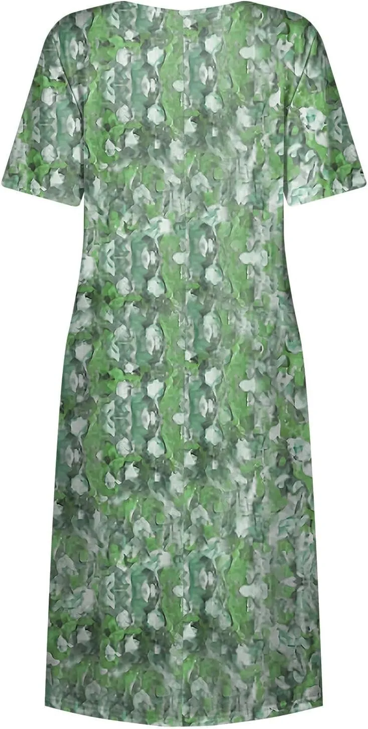 Midi Dresses for Women Short Sleeve Flowy A-Line Dress Casual Floral Print Beach Sundress with Pockets 2025