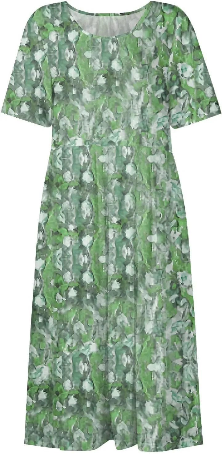 Midi Dresses for Women Short Sleeve Flowy A-Line Dress Casual Floral Print Beach Sundress with Pockets 2025