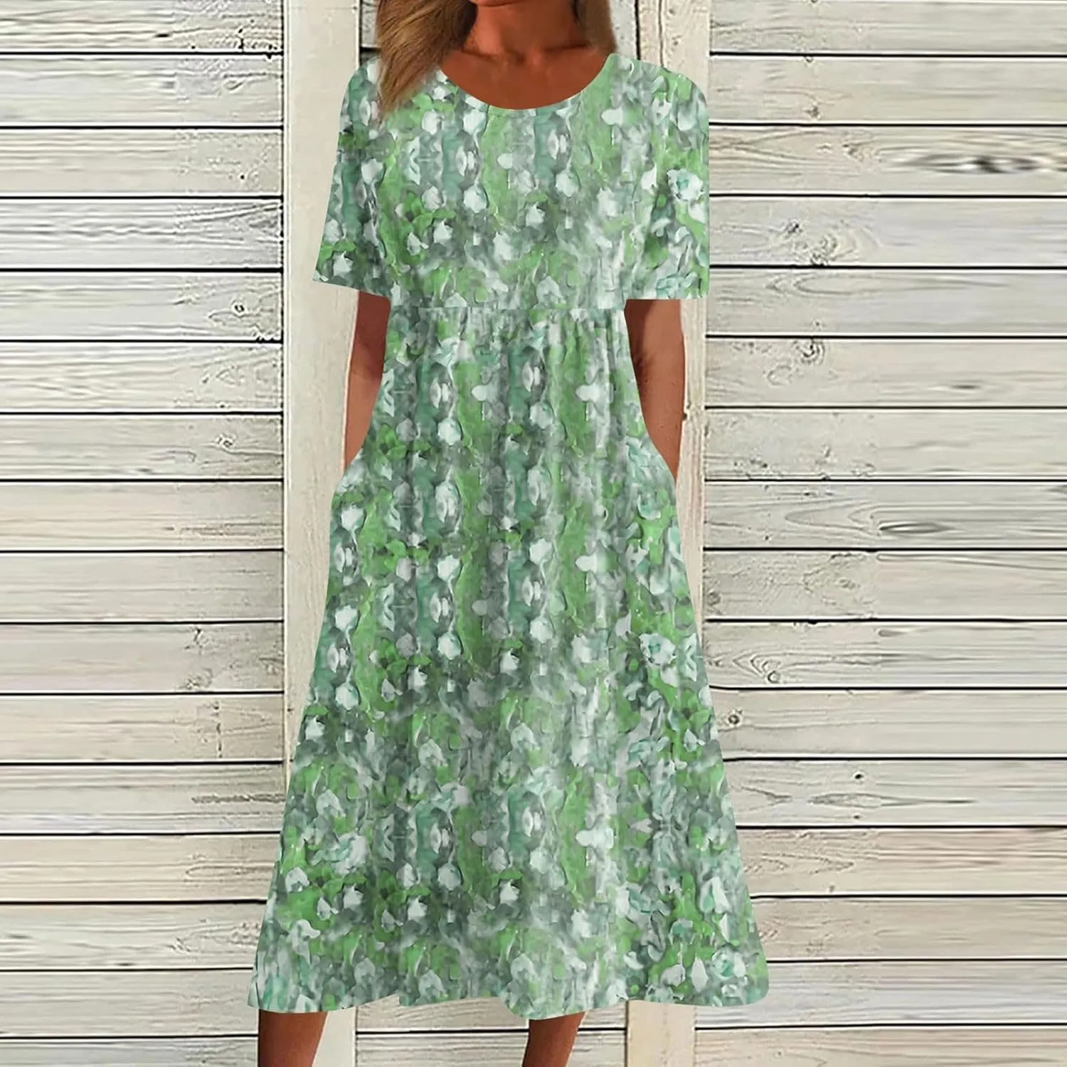 Midi Dresses for Women Short Sleeve Flowy A-Line Dress Casual Floral Print Beach Sundress with Pockets 2025