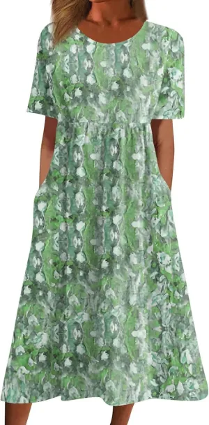 Midi Dresses for Women Short Sleeve Flowy A-Line Dress Casual Floral Print Beach Sundress with Pockets 2025