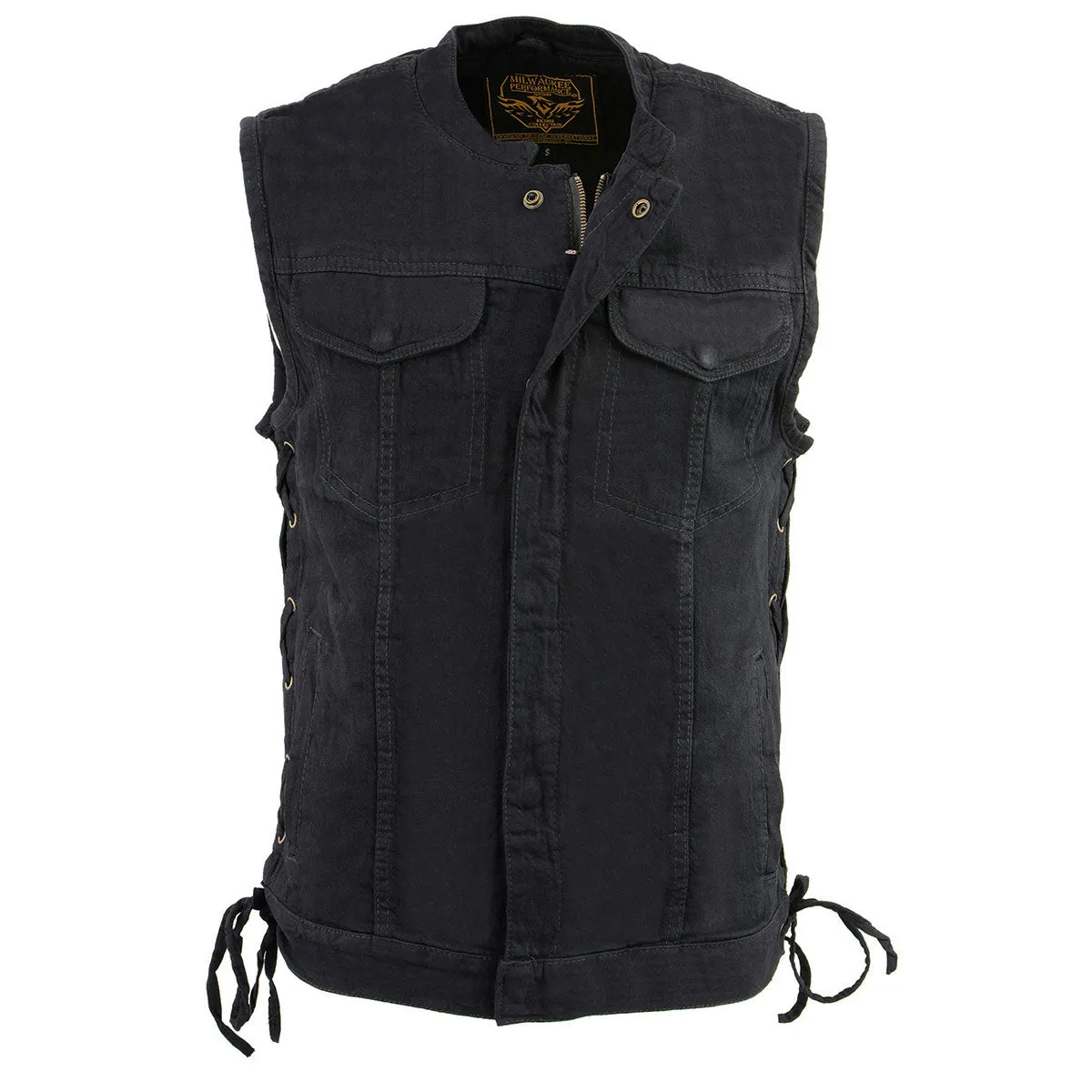 Milwaukee Leather MDM3002 Men's Black Covert Side Lace Denim Club Style Vest with Dual Closure