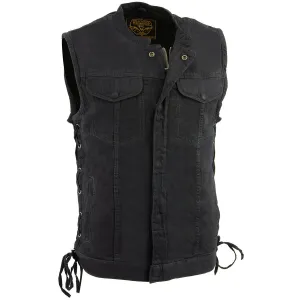 Milwaukee Leather MDM3002 Men's Black Covert Side Lace Denim Club Style Vest with Dual Closure