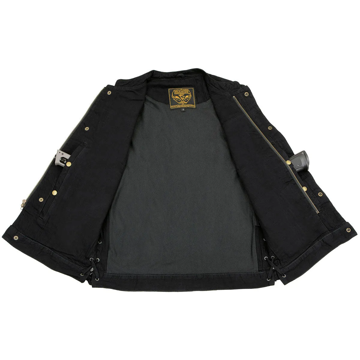 Milwaukee Leather MDM3002 Men's Black Covert Side Lace Denim Club Style Vest with Dual Closure