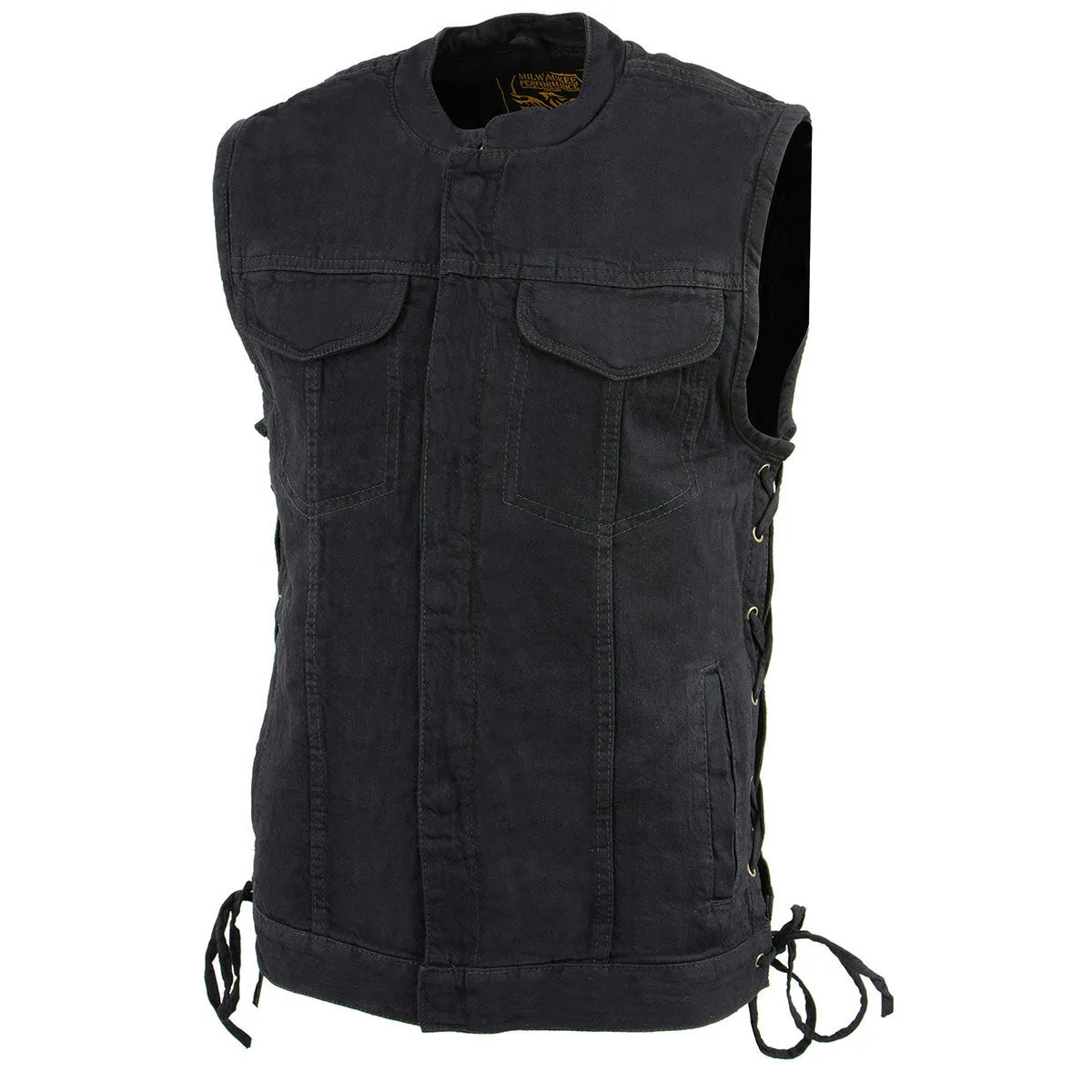 Milwaukee Leather MDM3002 Men's Black Covert Side Lace Denim Club Style Vest with Dual Closure