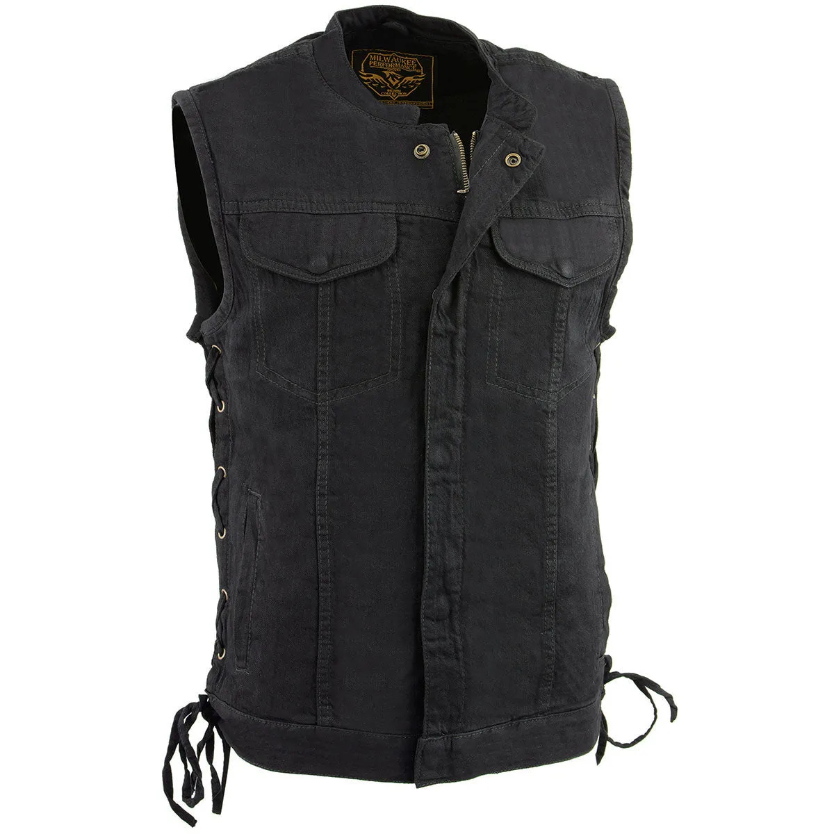 Milwaukee Leather MDM3002 Men's Black Covert Side Lace Denim Club Style Vest with Dual Closure
