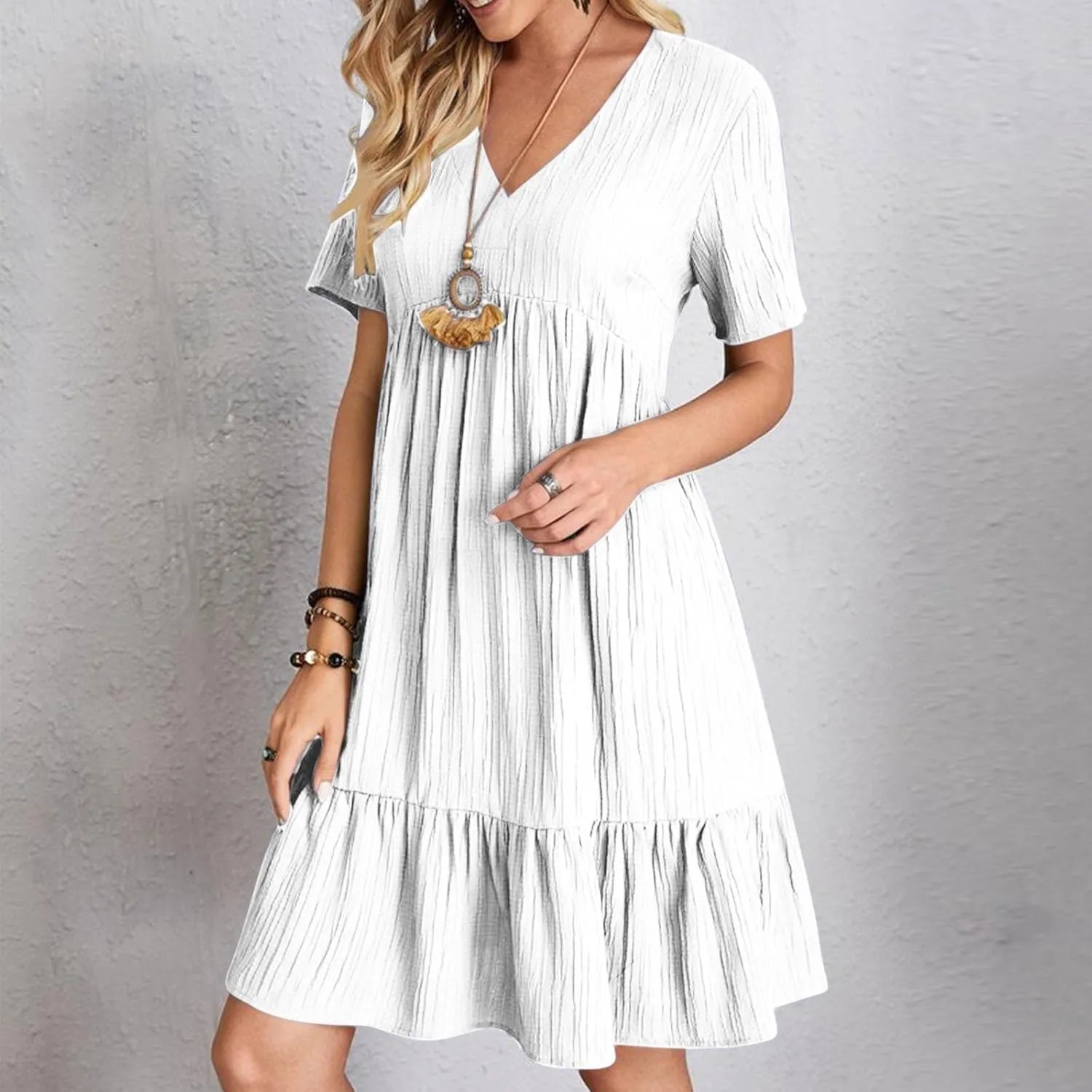 Mini Dress Women Short Sleeve V Neck Ruffle Hem 2025 Summer Casual Striped Feminine Style Vacation Flowy Skirt Look