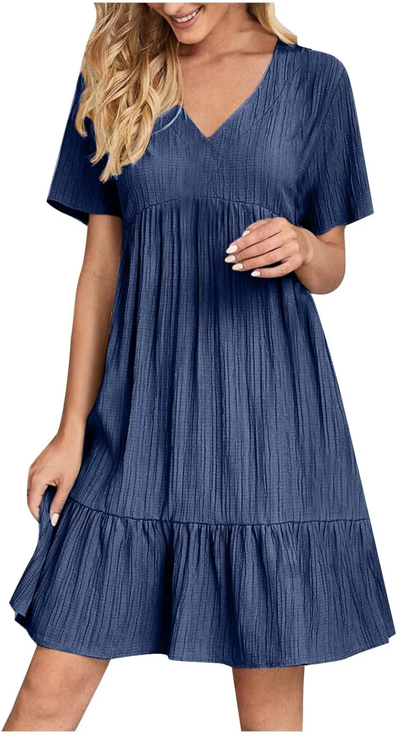 Mini Dress Women Short Sleeve V Neck Ruffle Hem 2025 Summer Casual Striped Feminine Style Vacation Flowy Skirt Look