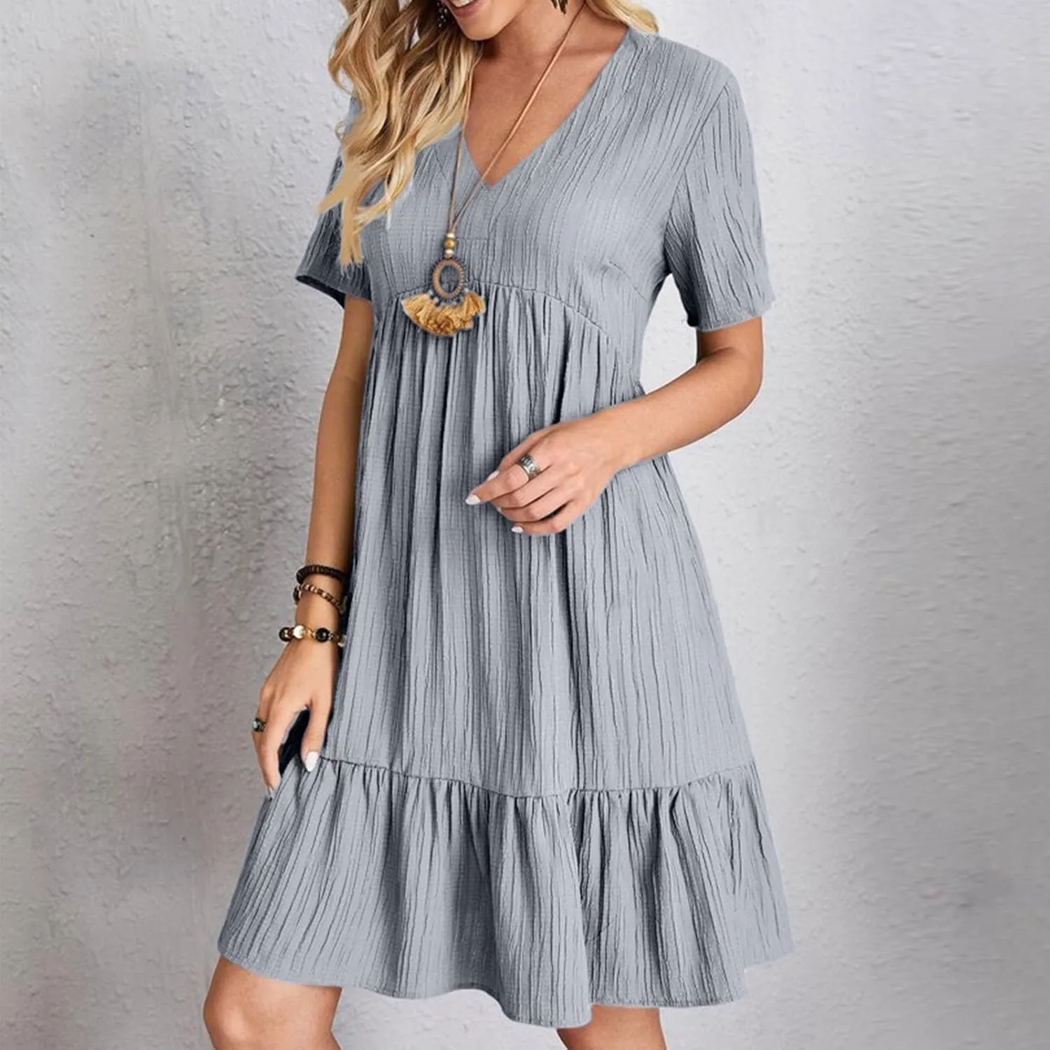 Mini Dress Women Short Sleeve V Neck Ruffle Hem 2025 Summer Casual Striped Feminine Style Vacation Flowy Skirt Look