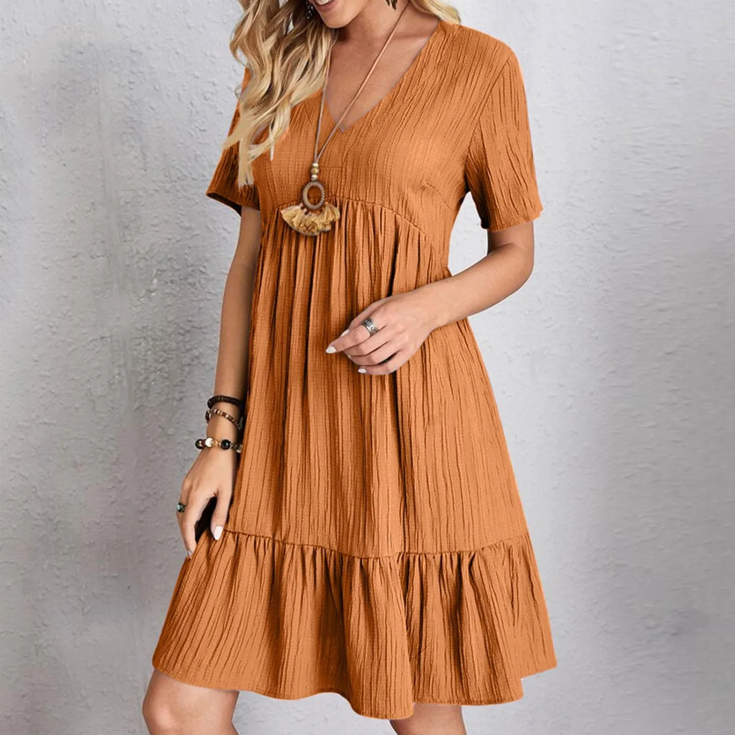 Mini Dress Women Short Sleeve V Neck Ruffle Hem 2025 Summer Casual Striped Feminine Style Vacation Flowy Skirt Look