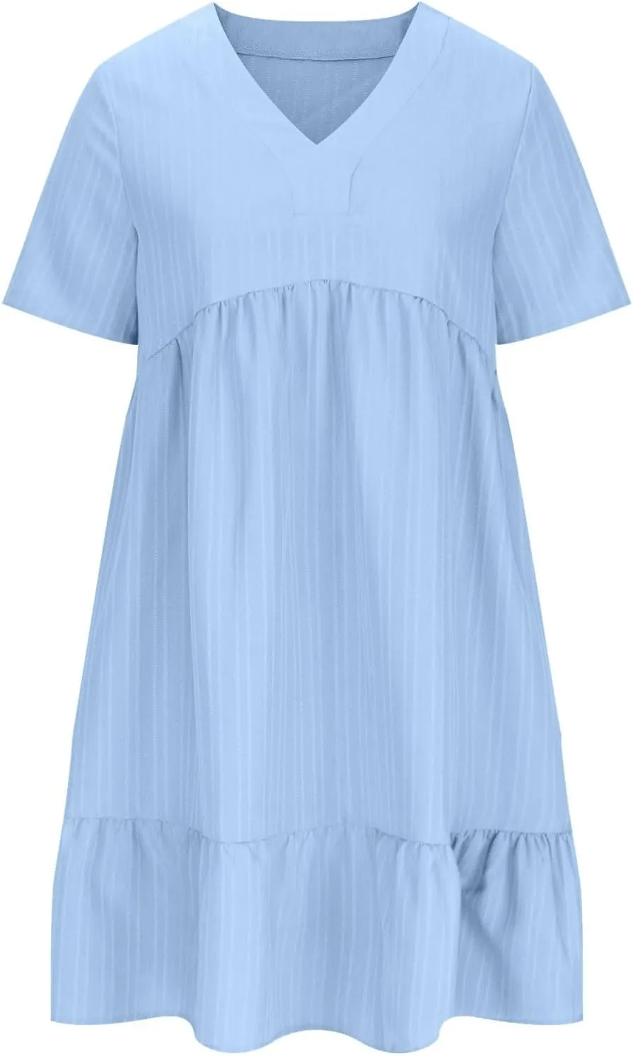 Mini Dress Women Short Sleeve V Neck Ruffle Hem 2025 Summer Casual Striped Feminine Style Vacation Flowy Skirt Look