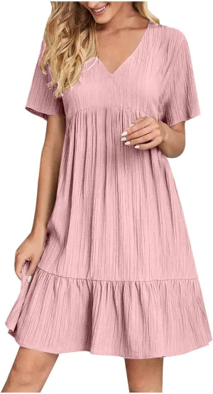 Mini Dress Women Short Sleeve V Neck Ruffle Hem 2025 Summer Casual Striped Feminine Style Vacation Flowy Skirt Look