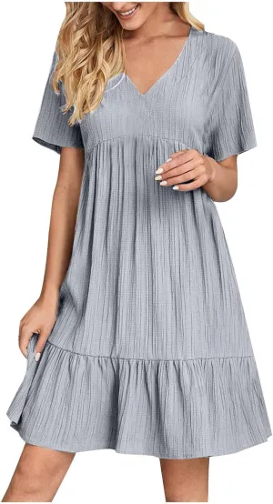 Mini Dress Women Short Sleeve V Neck Ruffle Hem 2025 Summer Casual Striped Feminine Style Vacation Flowy Skirt Look