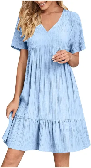 Mini Dress Women Short Sleeve V Neck Ruffle Hem 2025 Summer Casual Striped Feminine Style Vacation Flowy Skirt Look