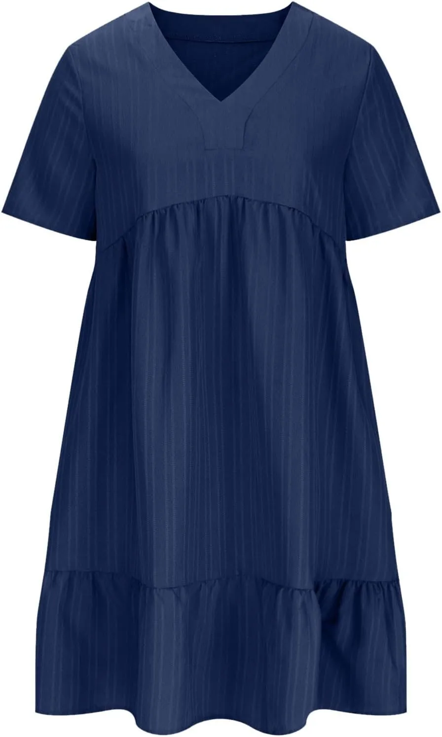 Mini Dress Women Short Sleeve V Neck Ruffle Hem 2025 Summer Casual Striped Feminine Style Vacation Flowy Skirt Look