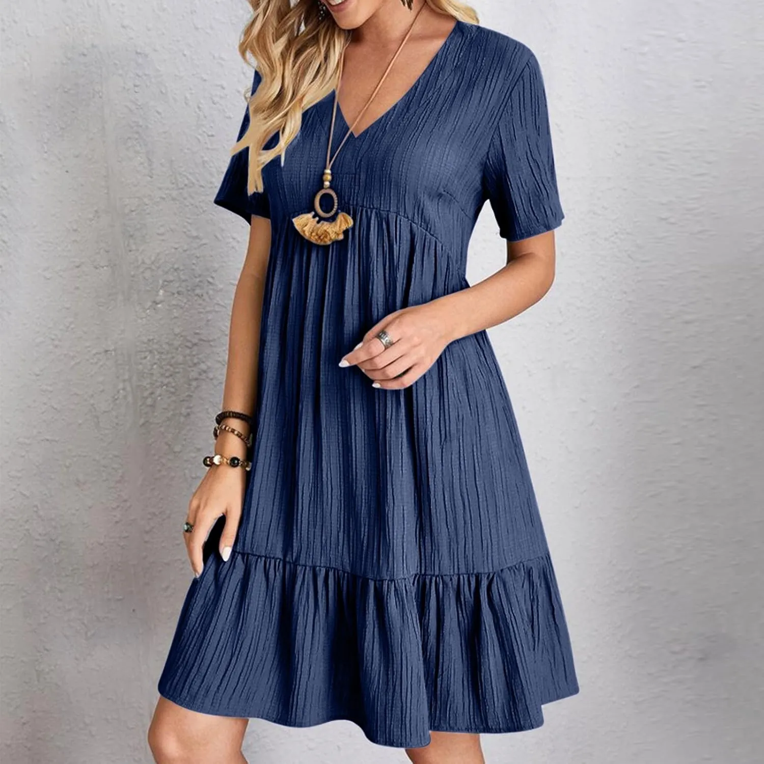 Mini Dress Women Short Sleeve V Neck Ruffle Hem 2025 Summer Casual Striped Feminine Style Vacation Flowy Skirt Look