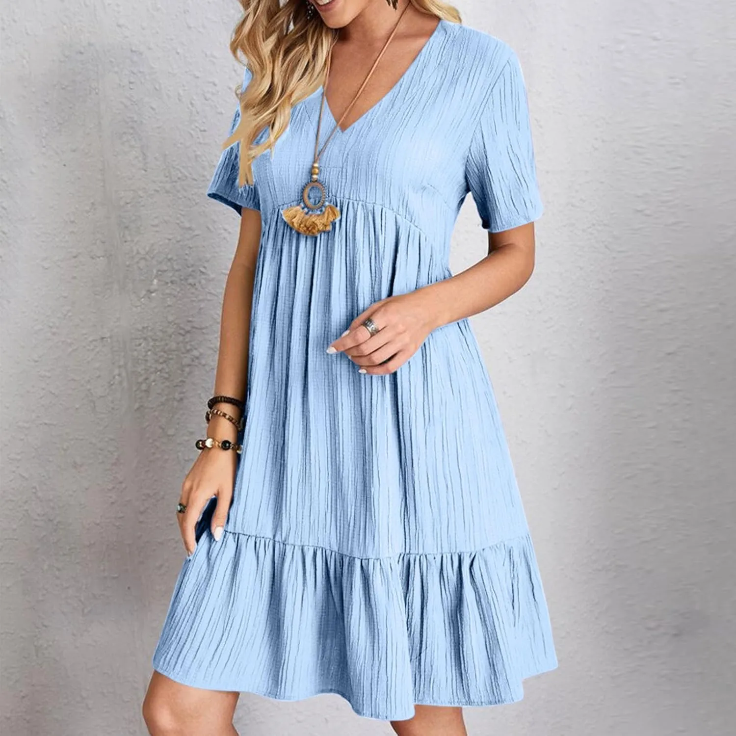 Mini Dress Women Short Sleeve V Neck Ruffle Hem 2025 Summer Casual Striped Feminine Style Vacation Flowy Skirt Look