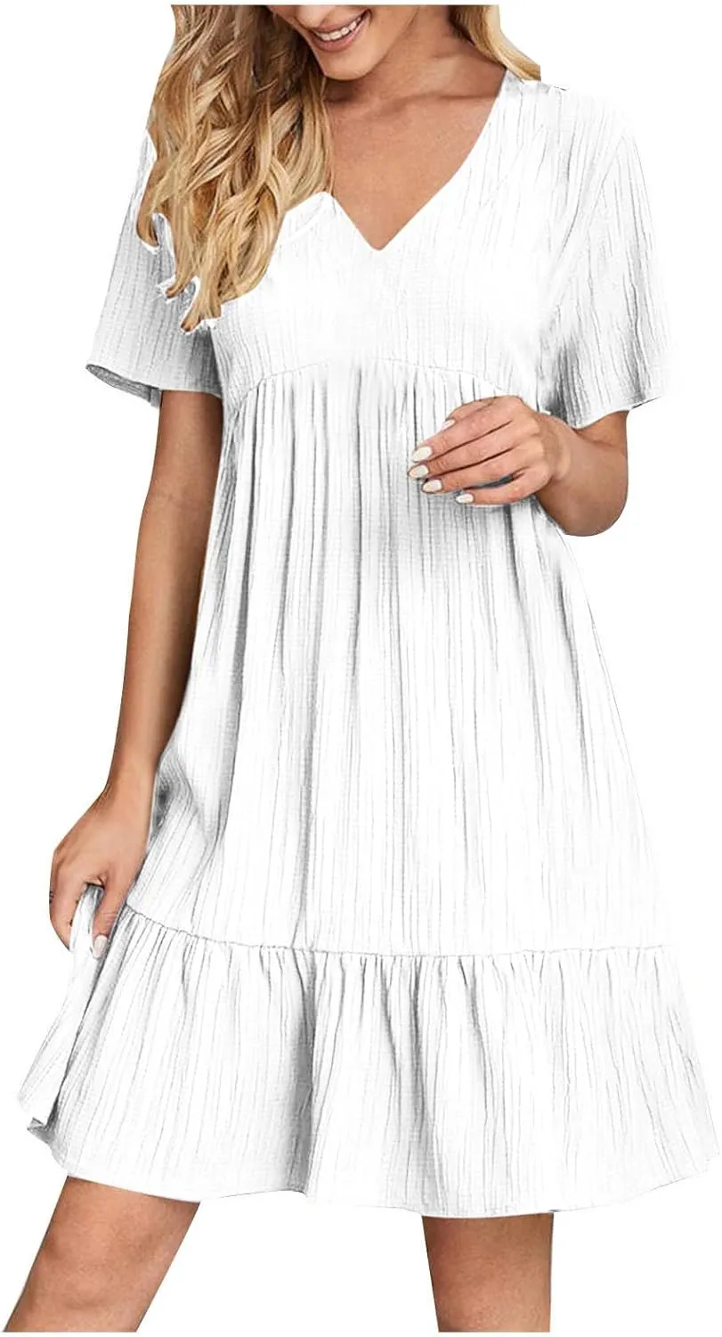Mini Dress Women Short Sleeve V Neck Ruffle Hem 2025 Summer Casual Striped Feminine Style Vacation Flowy Skirt Look