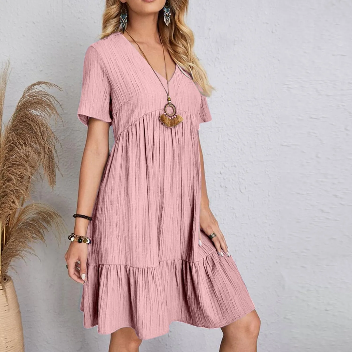Mini Dress Women Short Sleeve V Neck Ruffle Hem 2025 Summer Casual Striped Feminine Style Vacation Flowy Skirt Look
