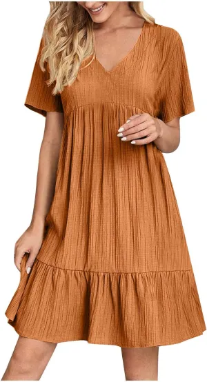 Mini Dress Women Short Sleeve V Neck Ruffle Hem 2025 Summer Casual Striped Feminine Style Vacation Flowy Skirt Look