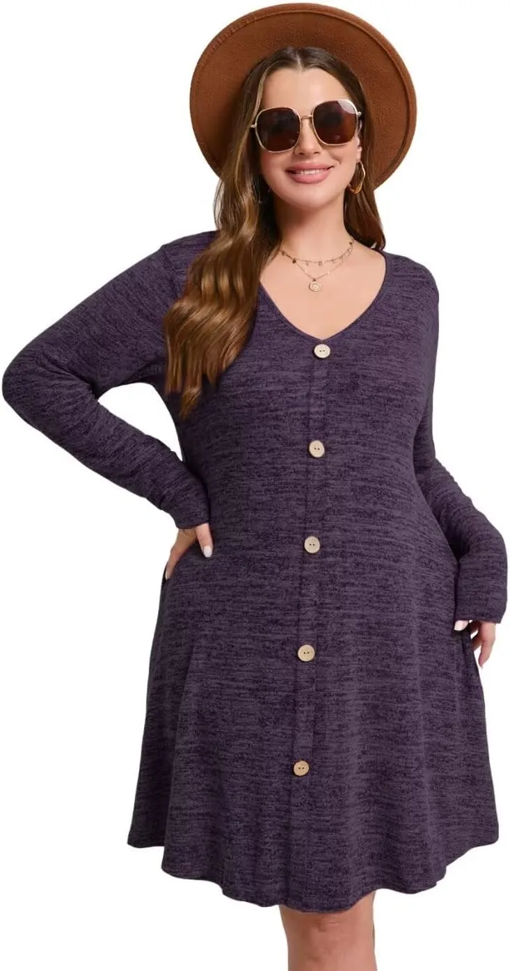 MONNURO Womens Plus Size Dresses Casual Swing Tunic Dress V Neck Button Lightweight Sweaters Dress Pockets