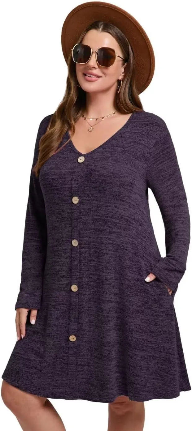 MONNURO Womens Plus Size Dresses Casual Swing Tunic Dress V Neck Button Lightweight Sweaters Dress Pockets
