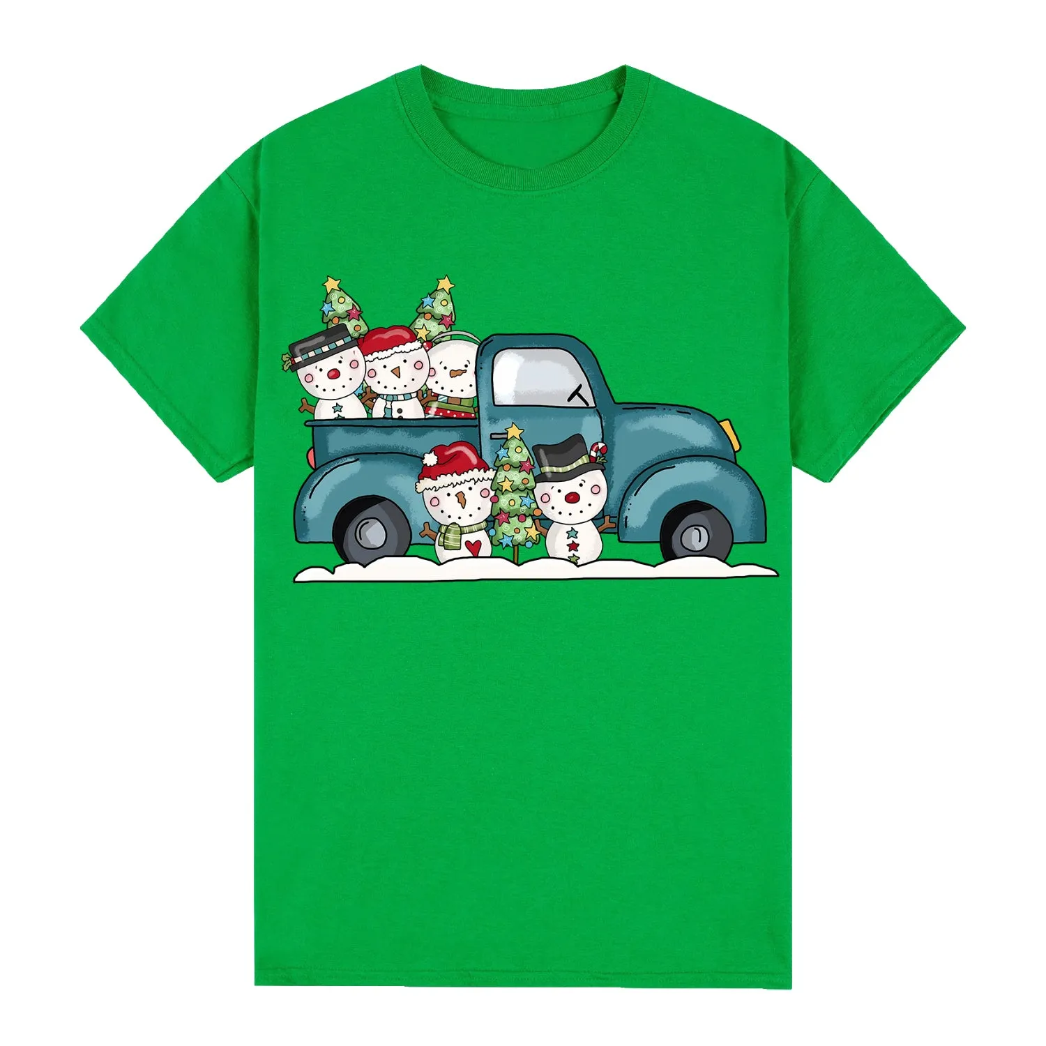 NNEDSZ 100% Cotton Christmas T-shirt Adult Unisex Tee Tops Funny Santa Party Custume, Car with Snowman (Green), L