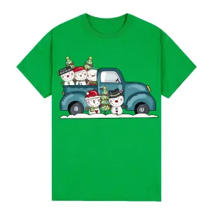 NNEDSZ 100% Cotton Christmas T-shirt Adult Unisex Tee Tops Funny Santa Party Custume, Car with Snowman (Green), L