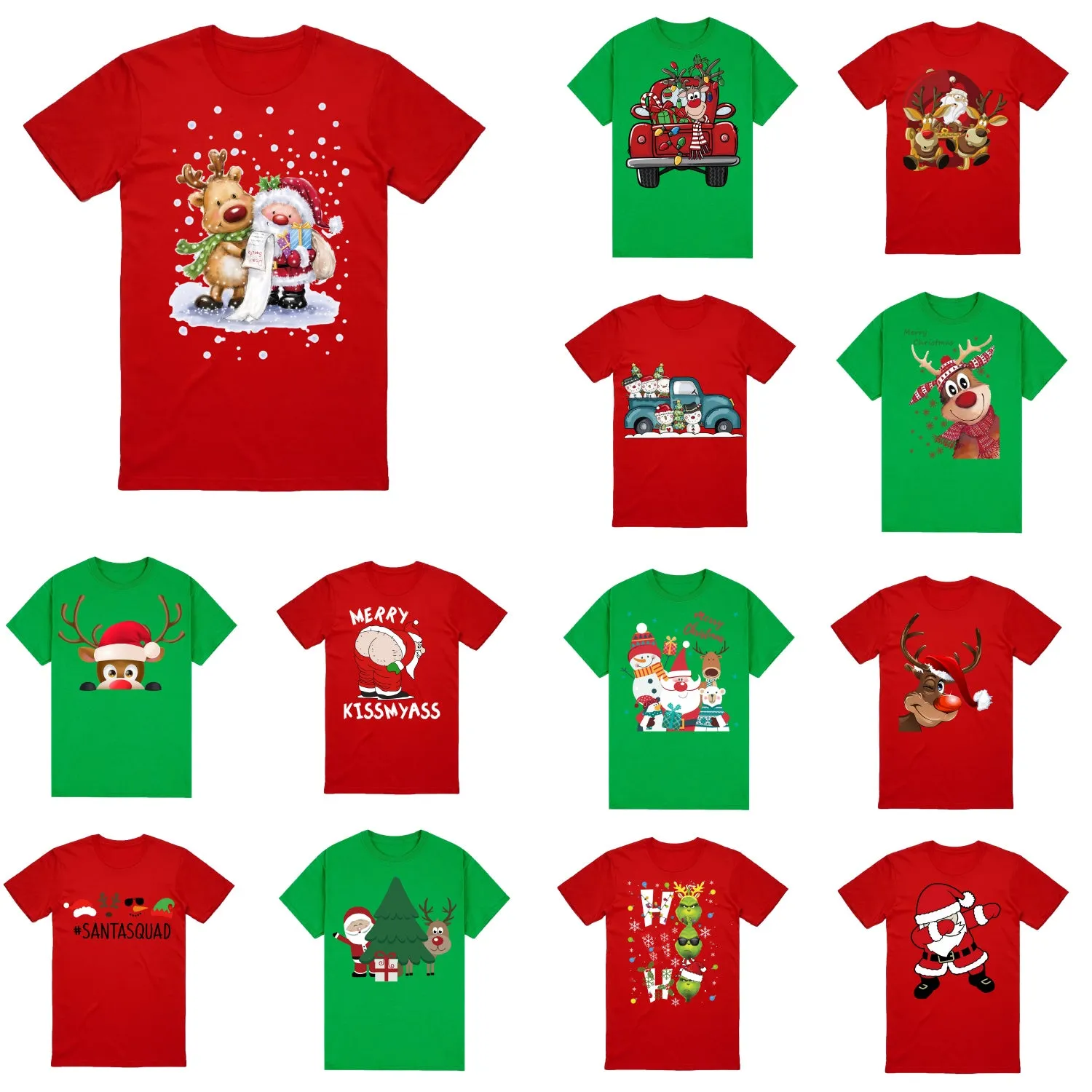 NNEDSZ 100% Cotton Christmas T-shirt Adult Unisex Tee Tops Funny Santa Party Custume, Car with Snowman (Green), L