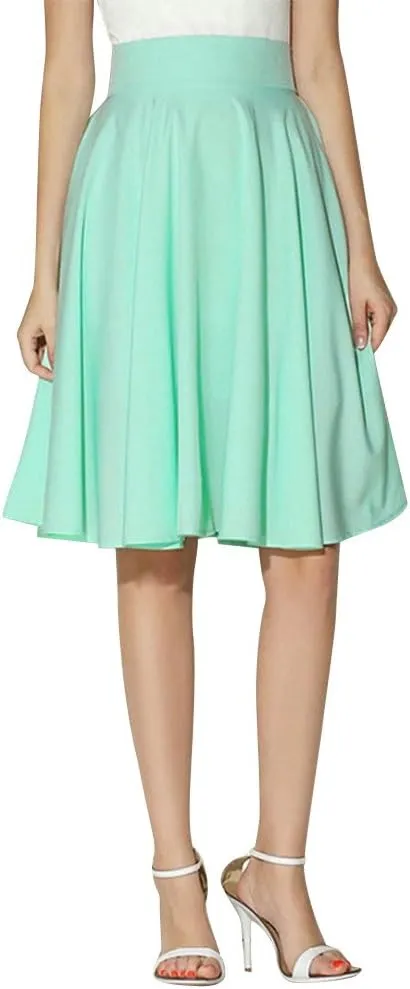 NREALY New Women's Solid Flared Retro Casual Knee Length Pleated Midi Office Work Skirt