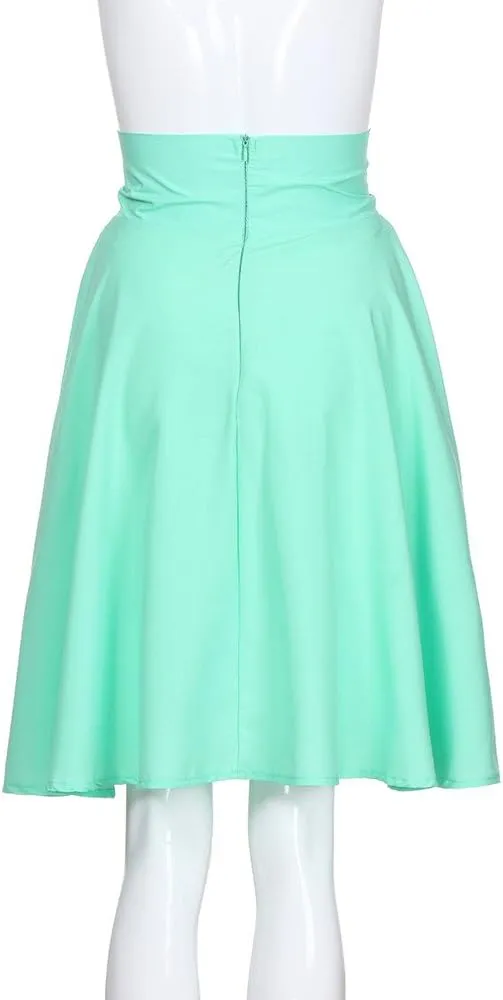 NREALY New Women's Solid Flared Retro Casual Knee Length Pleated Midi Office Work Skirt