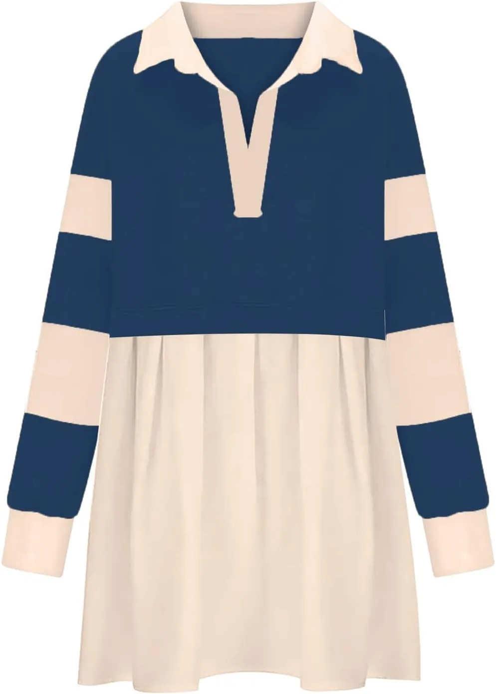 Oversized Sweatshirt for Women Long Sleeve V Neck Patchwork Pleated Pullover Mini Dress Fall Clothes 2024