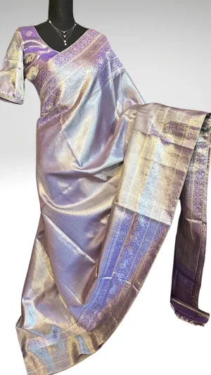 Pastel Lavender vaira oosi silver zari KANJIVARAM SAREE with Hand embroidered blouse