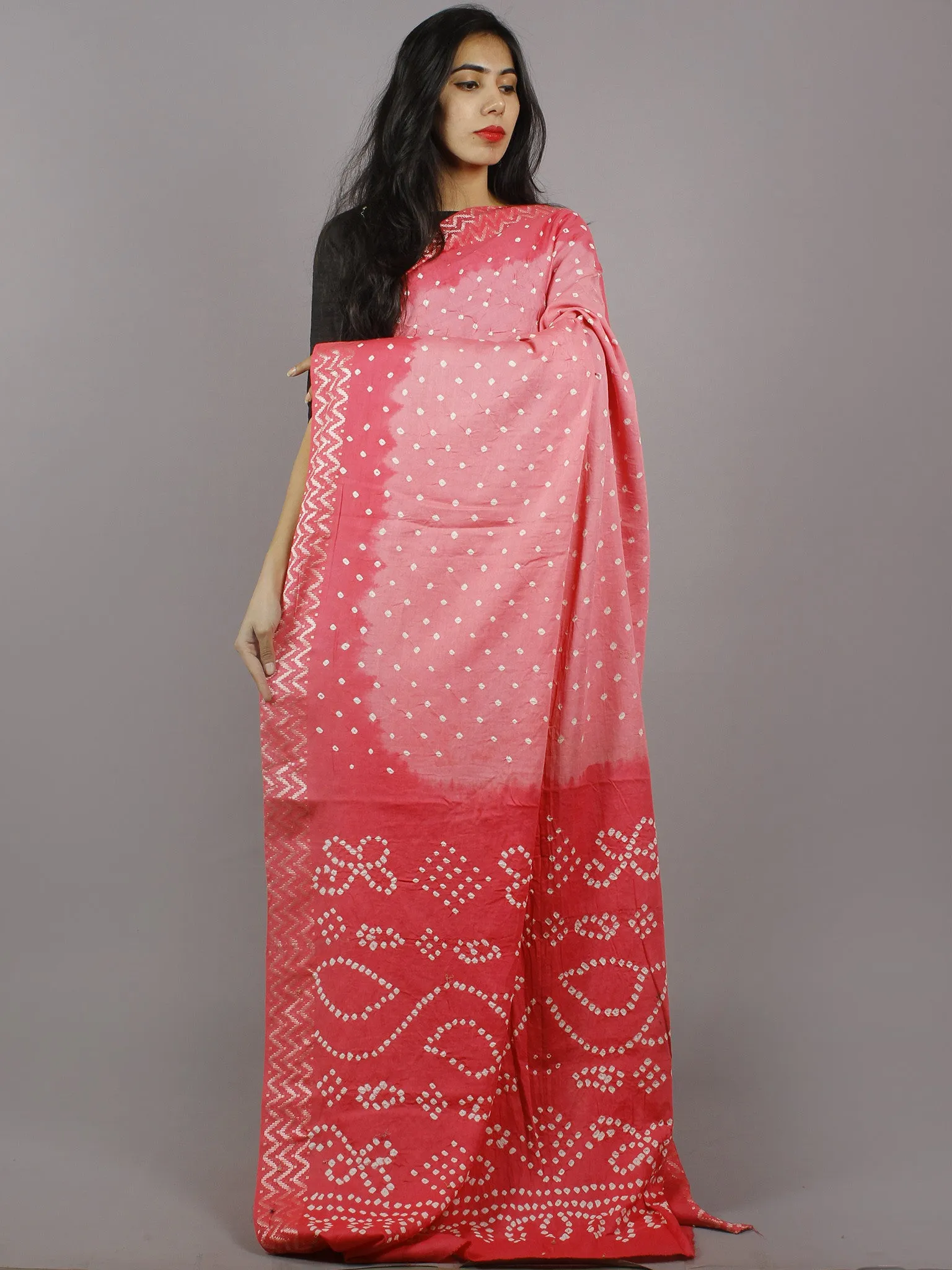 Pastel Pink Ivory Hand Tie & Dye Bandhej Glace Cotton Saree With Resham Border - S031701312