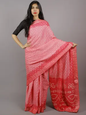 Pastel Pink Ivory Hand Tie & Dye Bandhej Glace Cotton Saree With Resham Border - S031701312