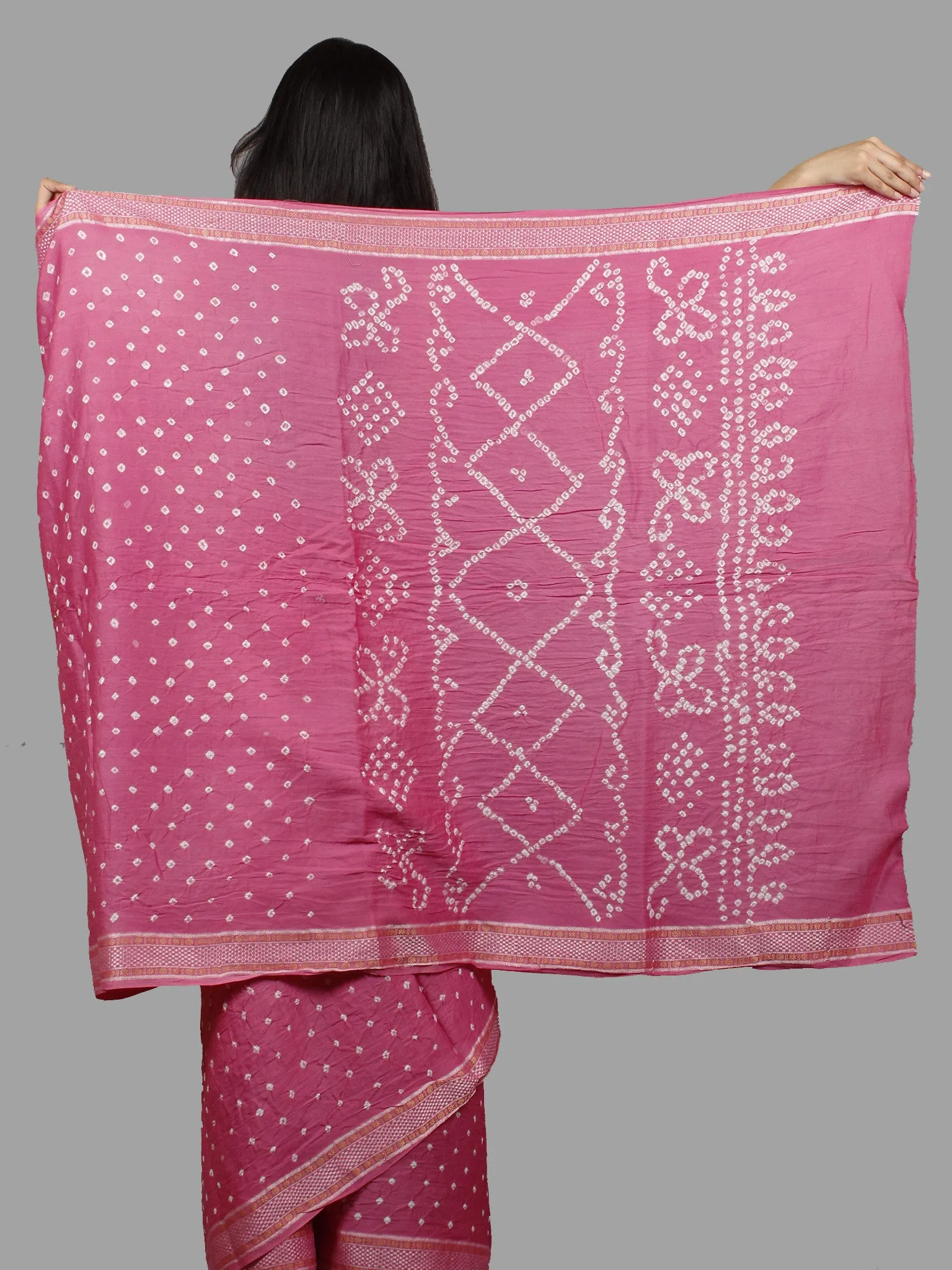 Pastel Pink Ivory Hand Tie & Dye Bandhej Glace Cotton Saree With Resham Border - S031701405