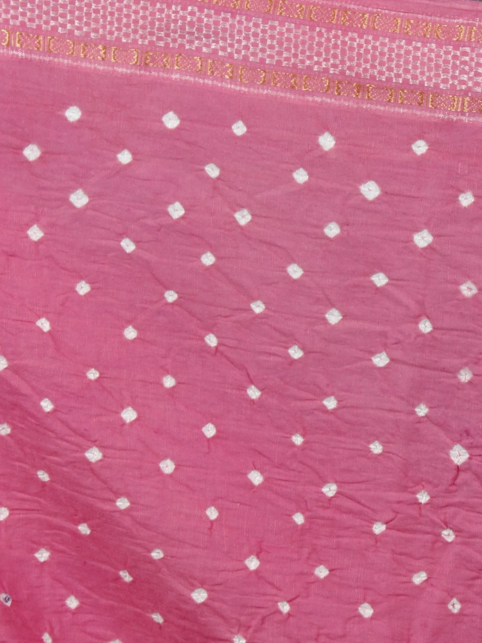 Pastel Pink Ivory Hand Tie & Dye Bandhej Glace Cotton Saree With Resham Border - S031701405