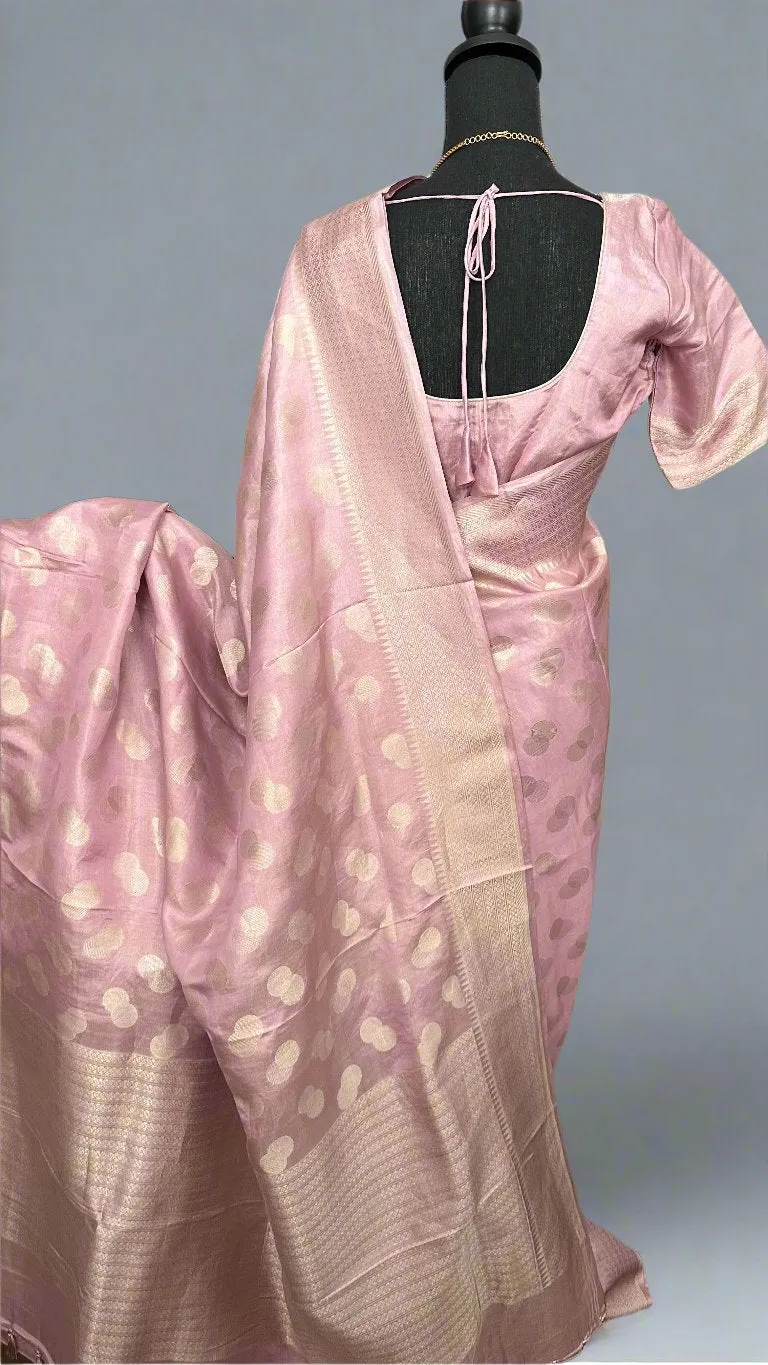 Pastel Pink Pure Beneras silver zari tissue silk saree online shopping with stitched blouse usa