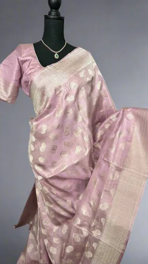 Pastel Pink Pure Beneras silver zari tissue silk saree online shopping with stitched blouse usa