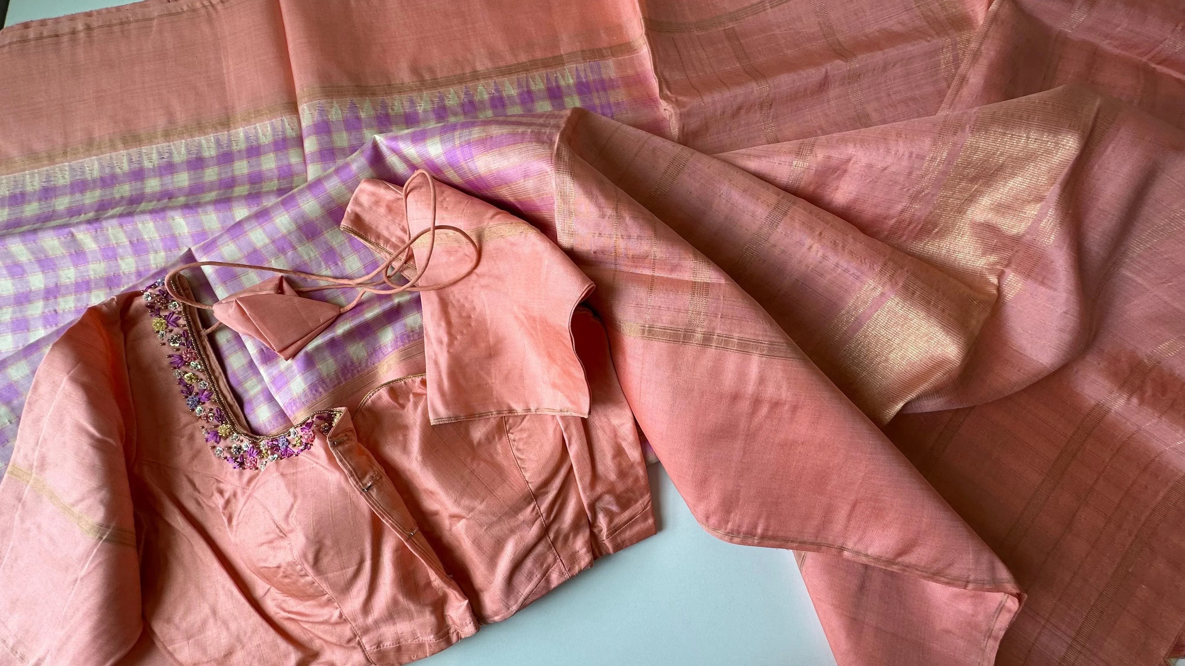 Pastel pure kanjivaram  silk checks saree with hand embroidered blouse